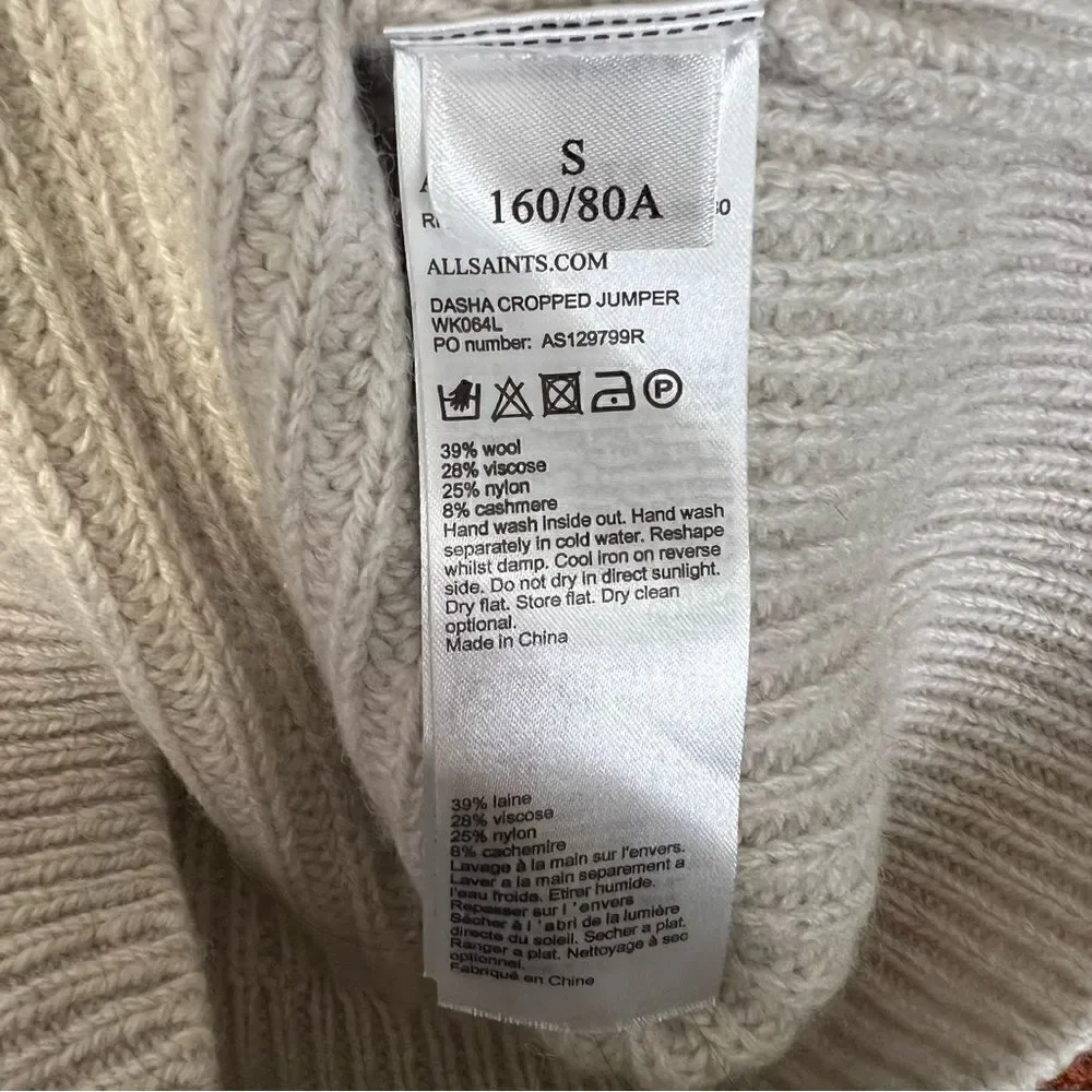 All Saints Dasha Crop Jumper Cold shoulder sweater size Small